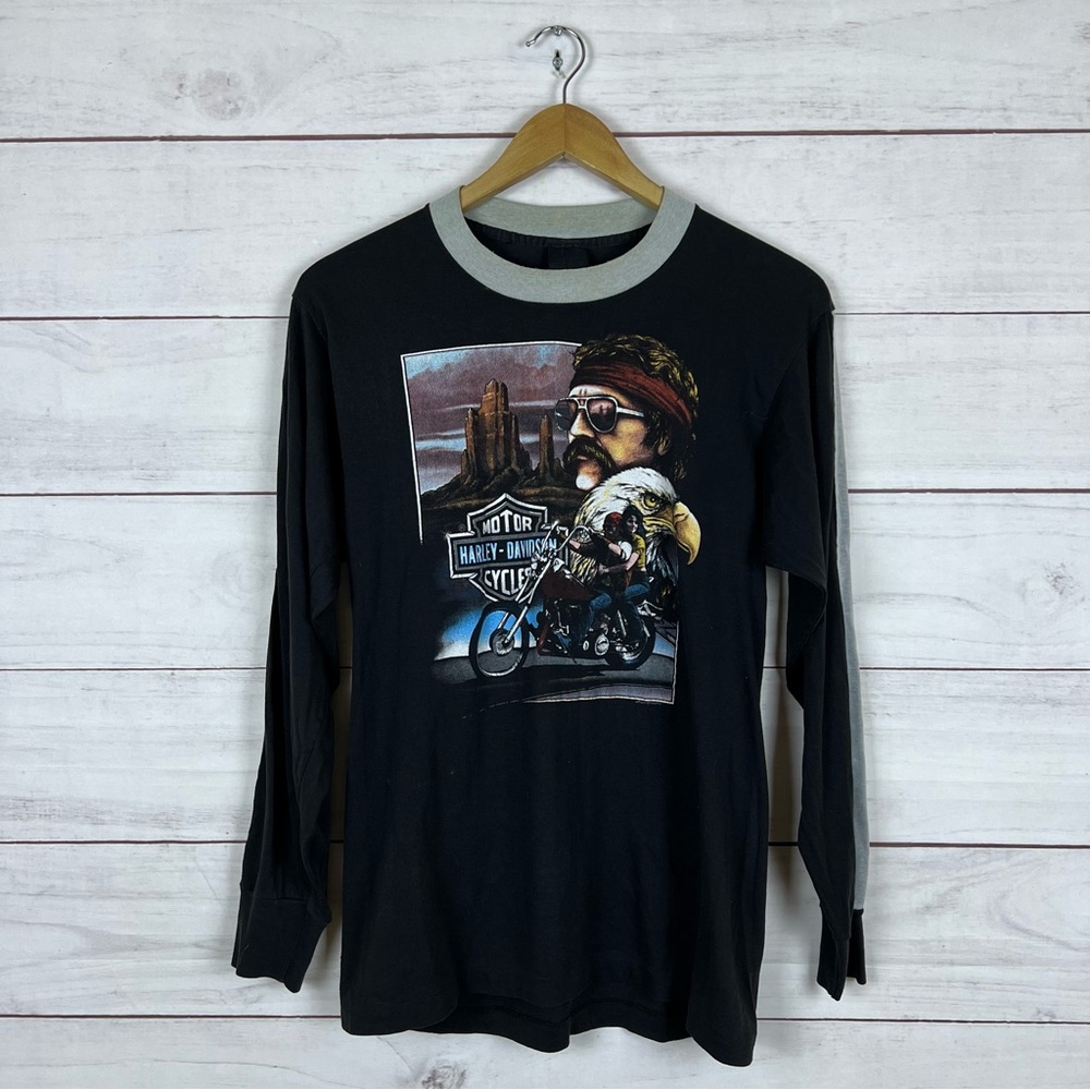 Vintage 80s Harley Davidson 3D Emblem Long Sleeve T-Shirt Small